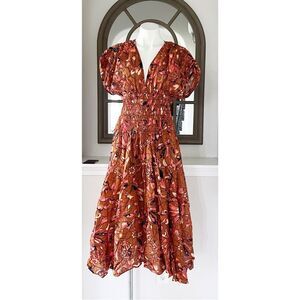 A.L.C. Lucia Floral V Neck Smocked Waist A-Line Midi Dress, NWT, Size 2